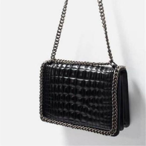 Zara Black Croc Embossed Silver Chainlink Detailed City Blogger Shoulder Bag - Picture 1 of 16